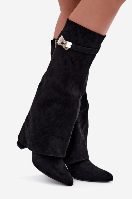 Warm women's knee-high boots with stitched shaft and heels black Salia