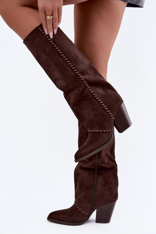 Women's cowboy-style knee-high boots with block heel chocolate Noeline
