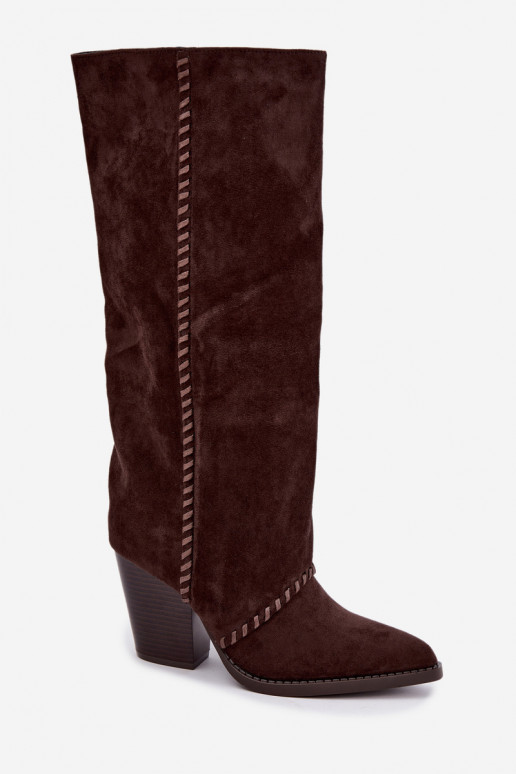 Women's cowboy-style knee-high boots with block heel chocolate Noeline