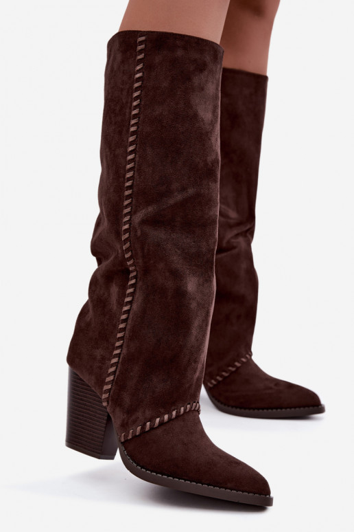 Women's cowboy-style knee-high boots with block heel chocolate Noeline