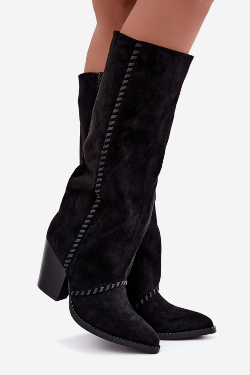 Women's cowboy-style knee-high boots with a block heel in black Noeline