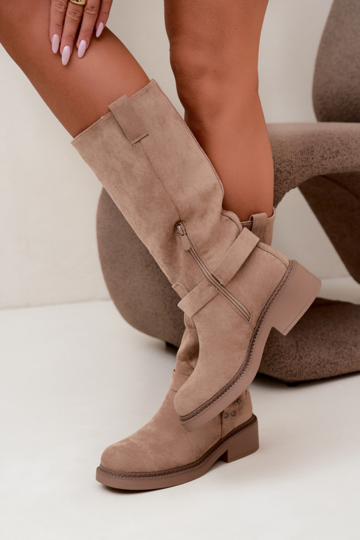Women's knee-high boots with decorative details in sand Morla