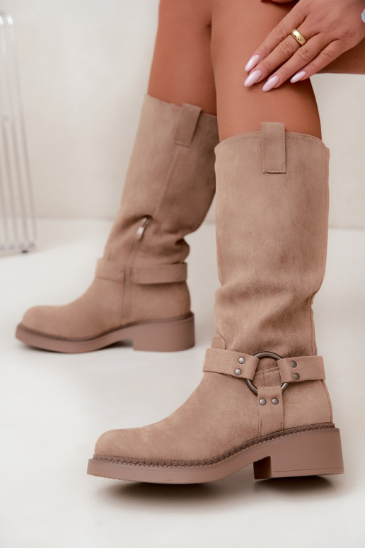 Women's knee-high boots with decorative details in sand Morla