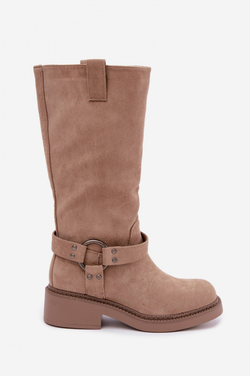 Women's knee-high boots with decorative details in sand Morla