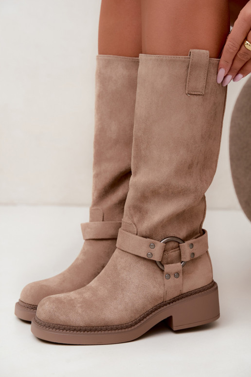 Women's knee-high boots with decorative details in sand Morla