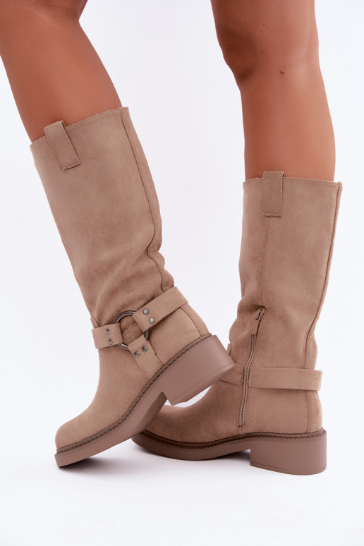 Women's knee-high boots with decorative details in sand Morla