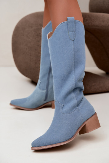 Women's cowboy-style knee-high boots with heels in denim Zareya