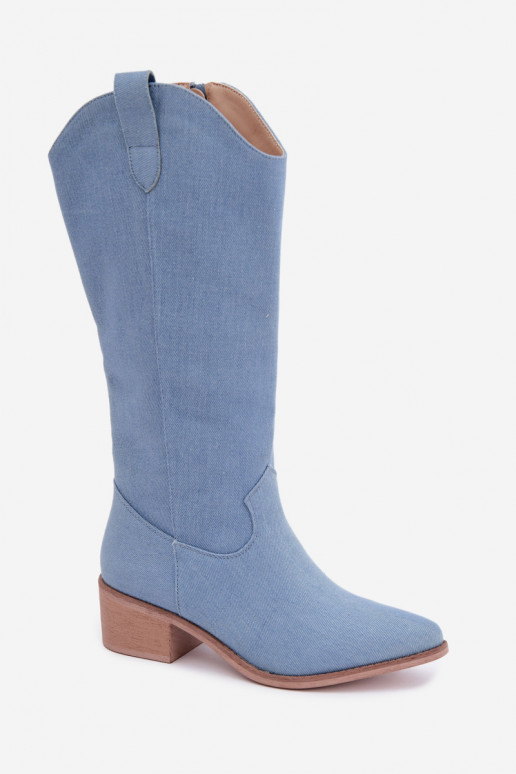 Women's cowboy-style knee-high boots with heels in denim Zareya