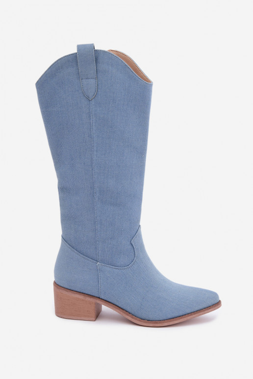 Women's cowboy-style knee-high boots with heels in denim Zareya