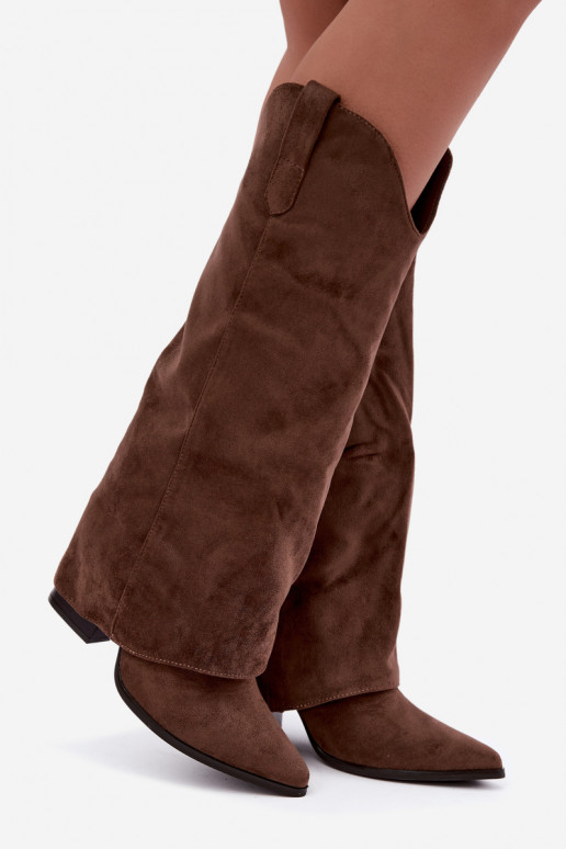 Women's cowboy-style knee-high boots with heels in brown Kalena