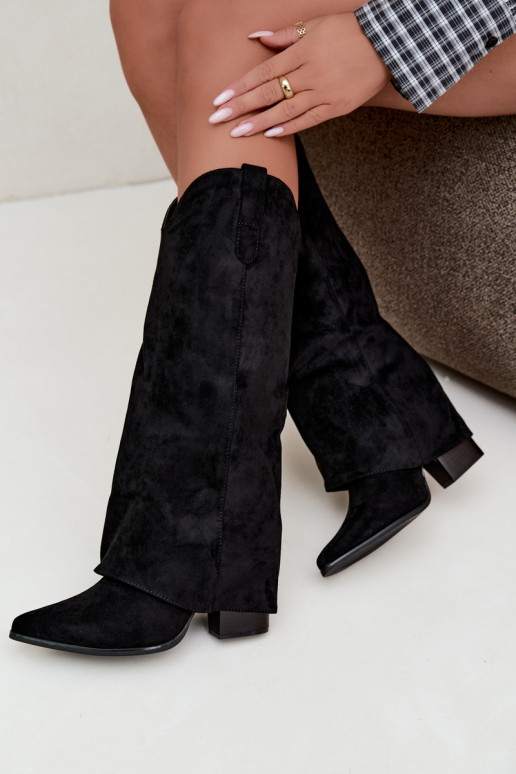 Women's cowboy-style knee-high boots with heels in black Kalena