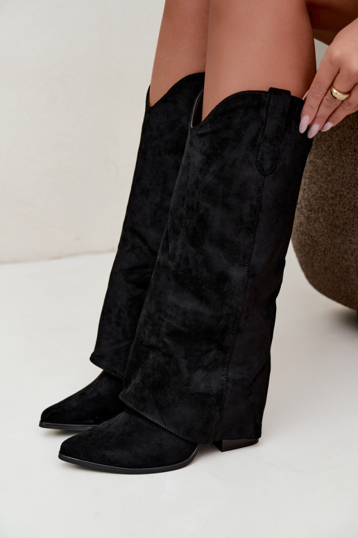 Women's cowboy-style knee-high boots with heels in black Kalena