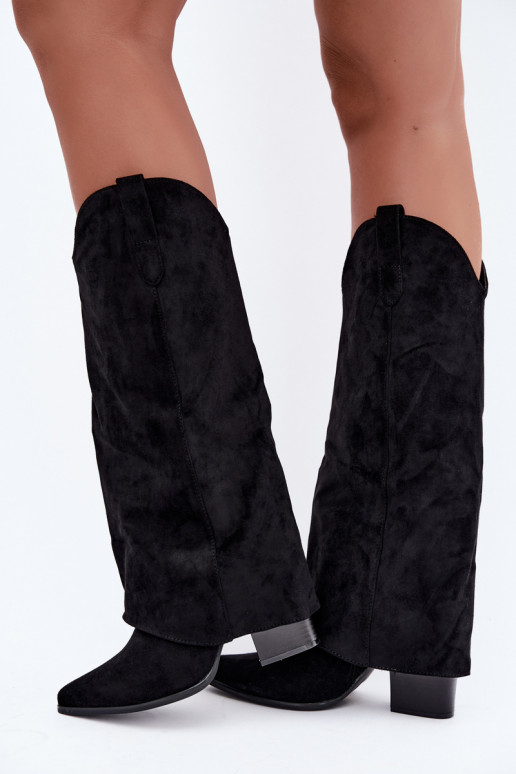 Women's cowboy-style knee-high boots with heels in black Kalena