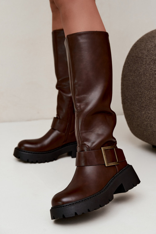 Women's insulated knee-high boots with buckles in brown Glena