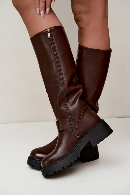 Women's insulated knee-high boots with buckles in brown Glena