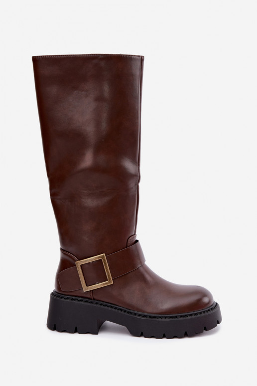 Women's insulated knee-high boots with buckles in brown Glena