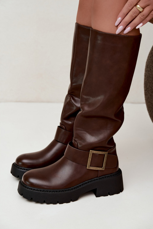 Women's insulated knee-high boots with buckles in brown Glena