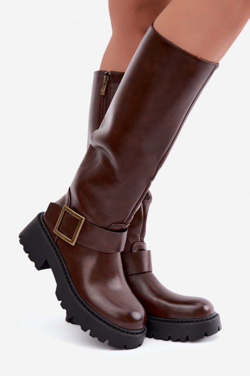 Women's insulated knee-high boots with buckles in brown Glena