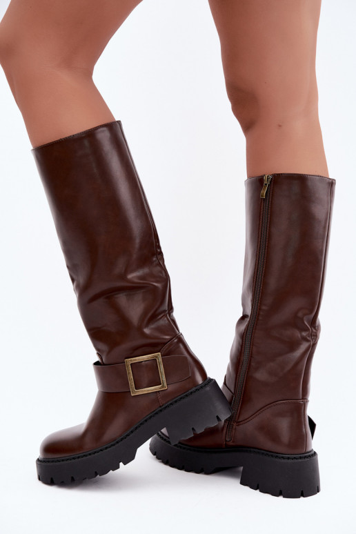 Women's insulated knee-high boots with buckles in brown Glena