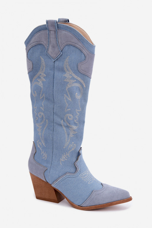 Women's cowboy-style knee-high boots with heels in denim Talora