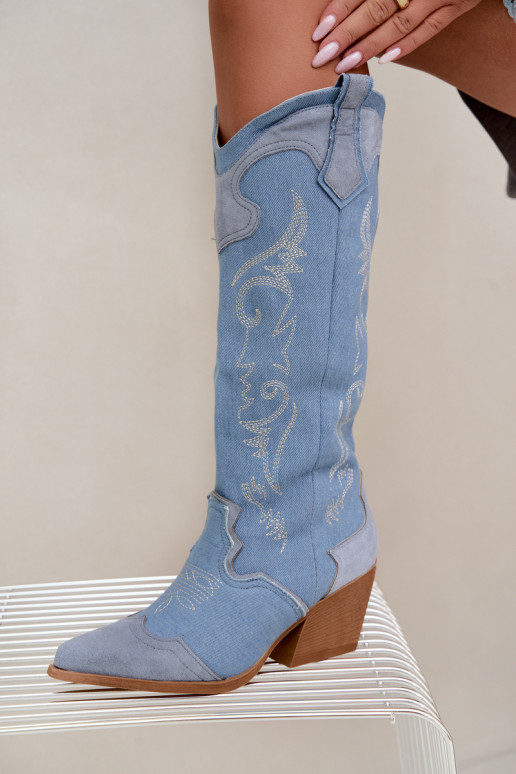 Women's cowboy-style knee-high boots with heels in denim Talora