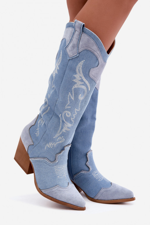Women's cowboy-style knee-high boots with heels in denim Talora