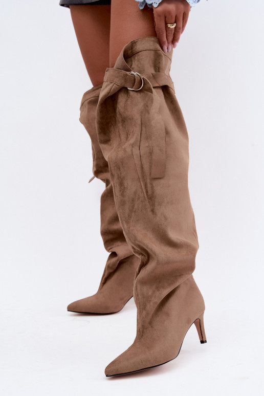 Women's slip-on knee-high boots with heels in sand Rosena