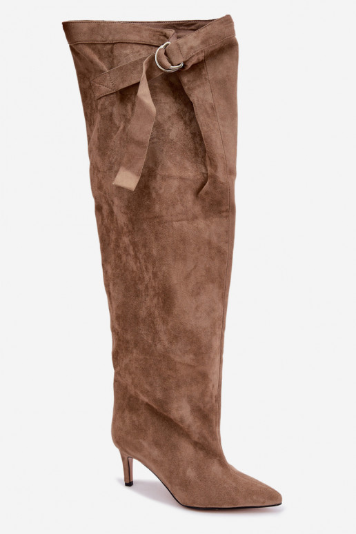 Women's slip-on knee-high boots with heels in sand Rosena