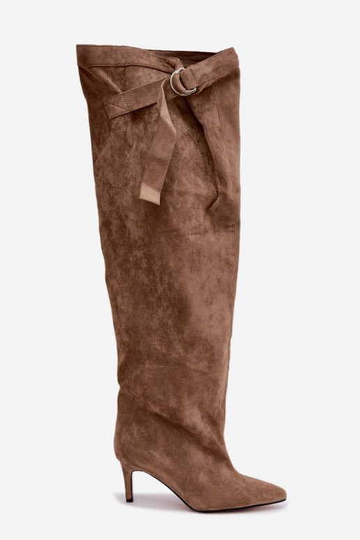 Women's slip-on knee-high boots with heels in sand Rosena