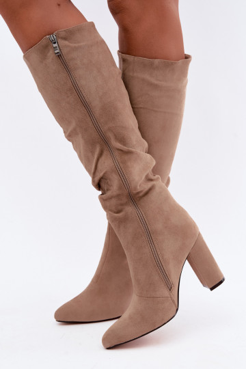 Women's insulated knee-high boots with heels and ruffles in sand Imelia 2