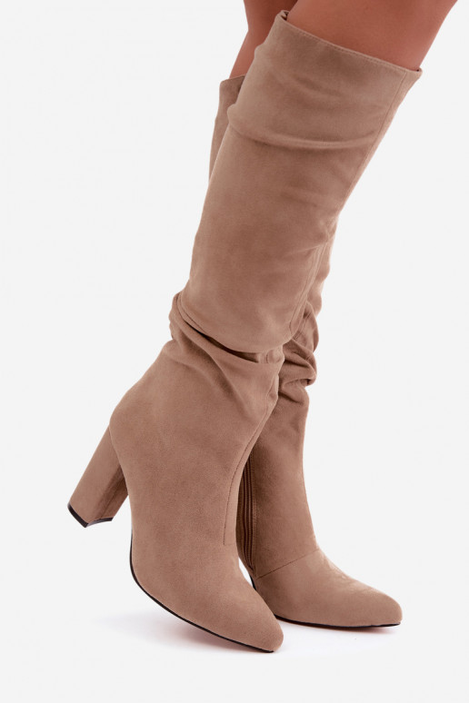 Women's insulated knee-high boots with heels and ruffles in sand Imelia