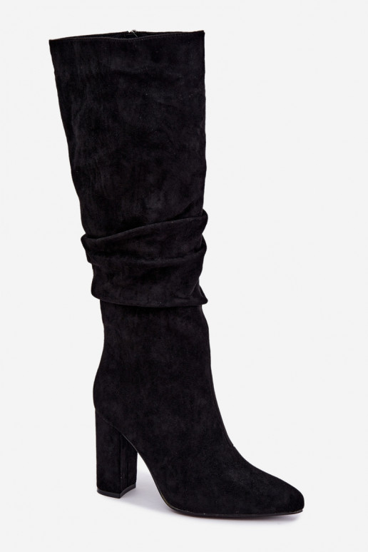 Women's insulated knee-high boots with heels and ruffles in black Imelia