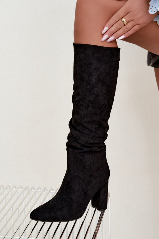 Women's insulated knee-high boots with heels and ruffles in black Imelia