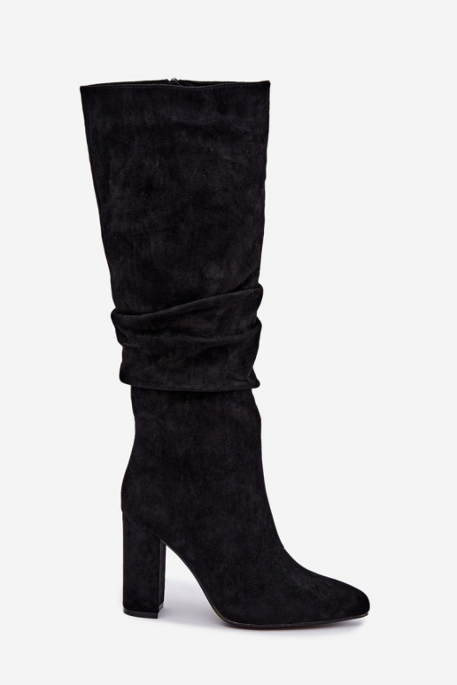 Women's insulated knee-high boots with heels and ruffles in black Imelia