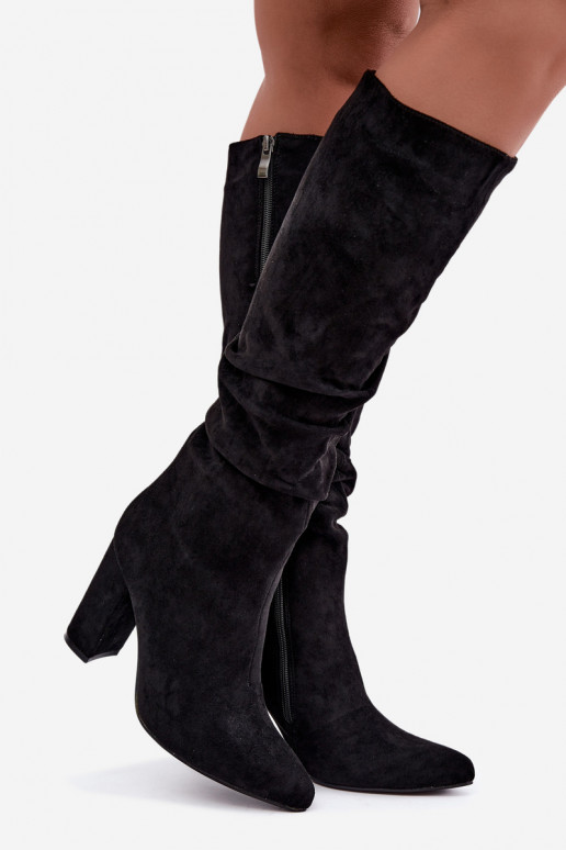 Women's insulated knee-high boots with heels and ruffles in black Imelia