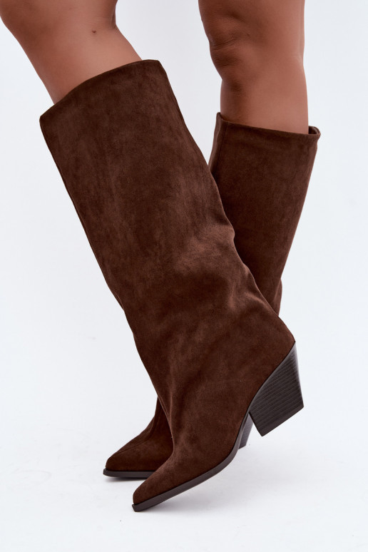 Slip-on knee-high boots with heels, pointed, brown Blenia