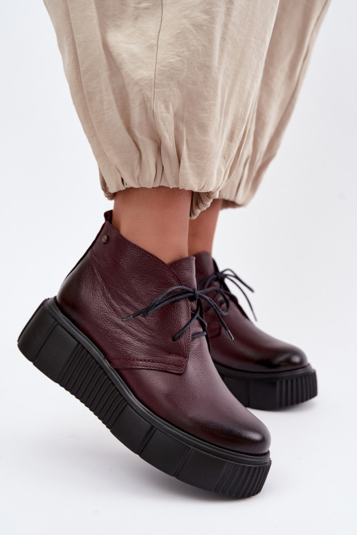 Insulated leather women's shoes with platform Zazoo 60588, burgundy