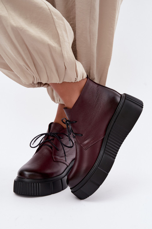 Insulated leather women's shoes with platform Zazoo 60588, burgundy