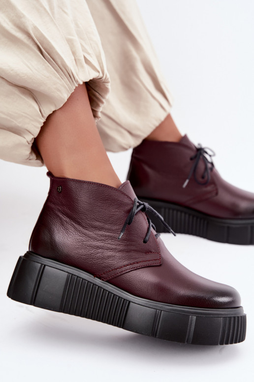 Insulated leather women's shoes with platform Zazoo 60588, burgundy