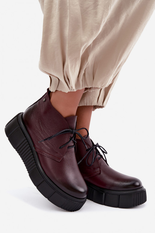 Insulated leather women's shoes with platform Zazoo 60588, burgundy