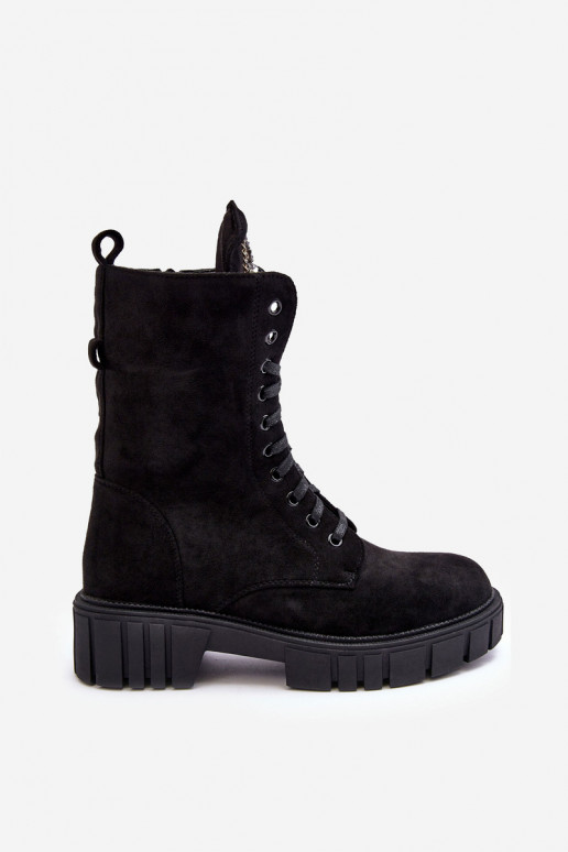 Black faux suede ankle boots with embellishments Tai turirx