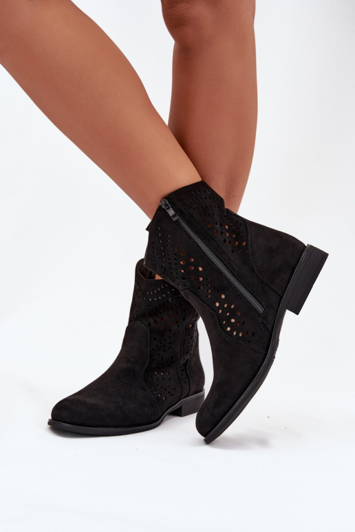 Black openwork ankle boots with wide heels Amisna