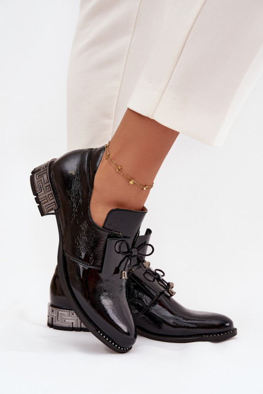 Black patent low-heeled shoes with bows Zazoo 1399