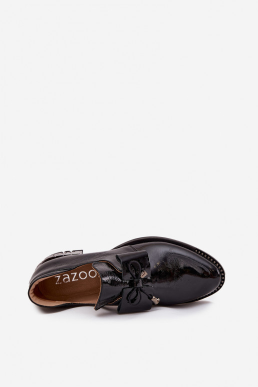 Black patent low-heeled shoes with bows Zazoo 1399
