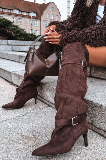 Over-the-knee heeled boots with straps and buckles in chocolate color Tai turibel