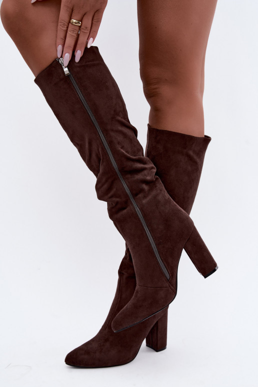 Women's insulated knee-high boots with heels and ruffles in brown Imelia