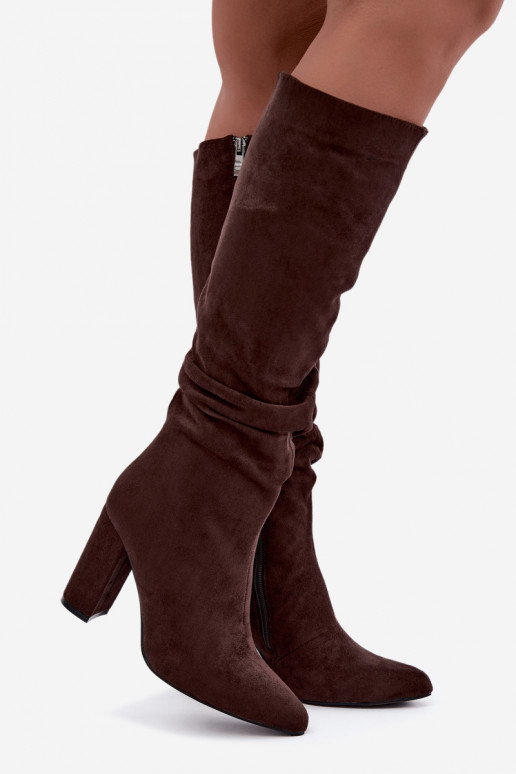 Women's insulated knee-high boots with heels and ruffles in brown Imelia