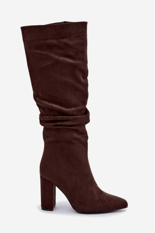 Women's insulated knee-high boots with heels and ruffles in brown Imelia
