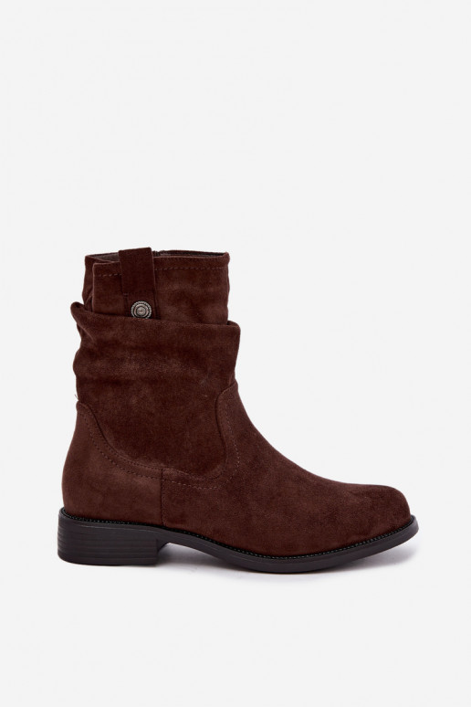 Insulated ankle boots with ruffles and wide heels S.Barski HY62-8102 in chocolate color