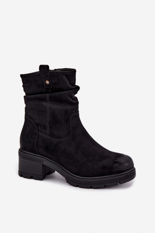 Warm women's ankle boots with ruffles, black